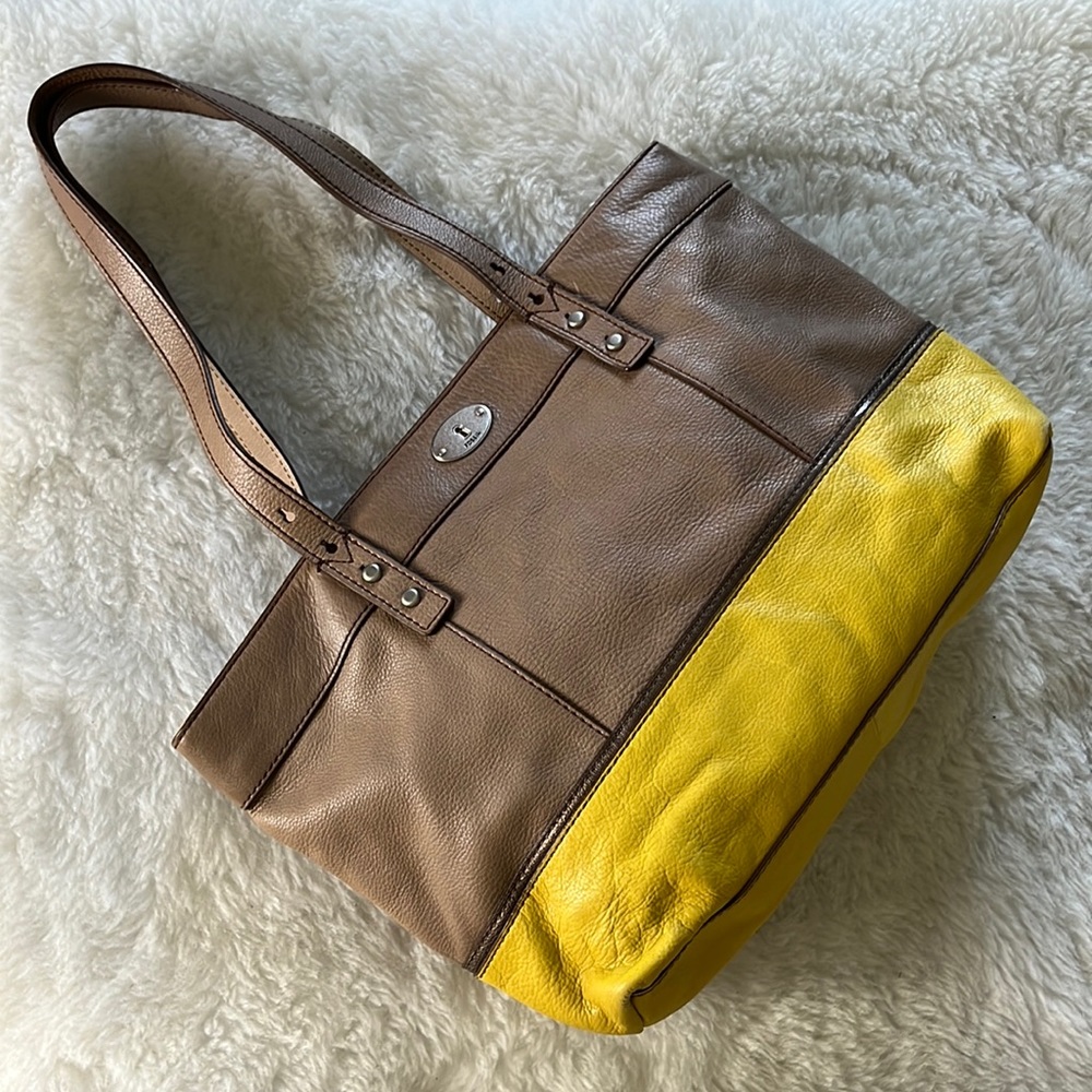 Fossil Color Block Light Tan W/Yellow Cow Hide To… - image 1